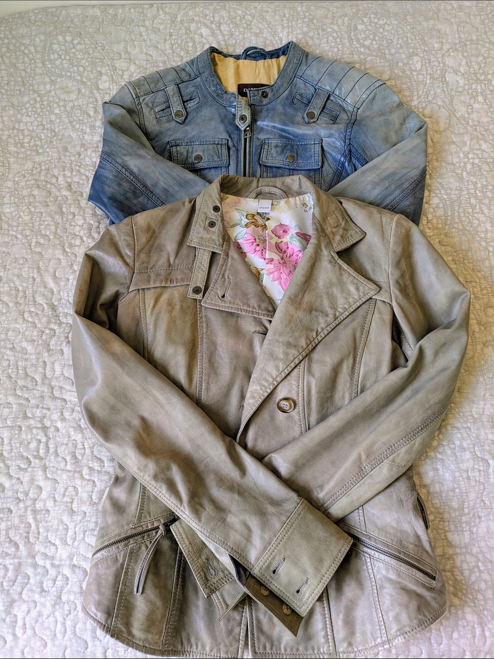 Set Of Two Danier Vintage  100% Lambskin Leather Jackets, Blue And Taupe Colored